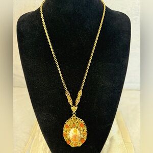 W Germany Faux Pearl Coral Pendant Filigree Sugar Glass Ornate Floral Necklace